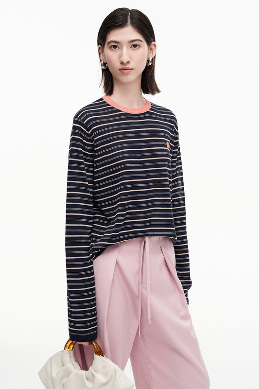 Acetate cotton blend contrast striped long-sleeved T-shirt