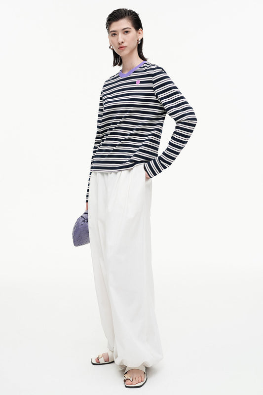 Blended contrast striped long-sleeved T-shirt