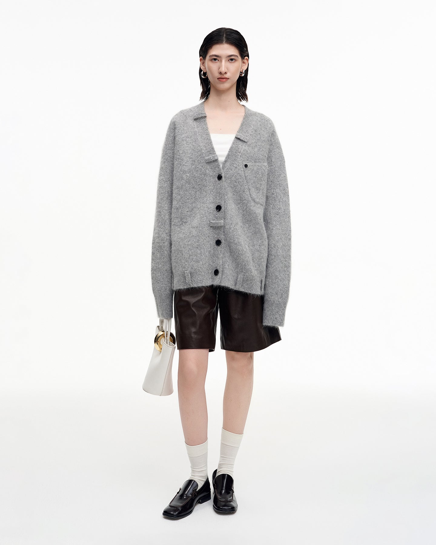 Angora rabbit hair and wool blend gray V-neck knitted cardigan