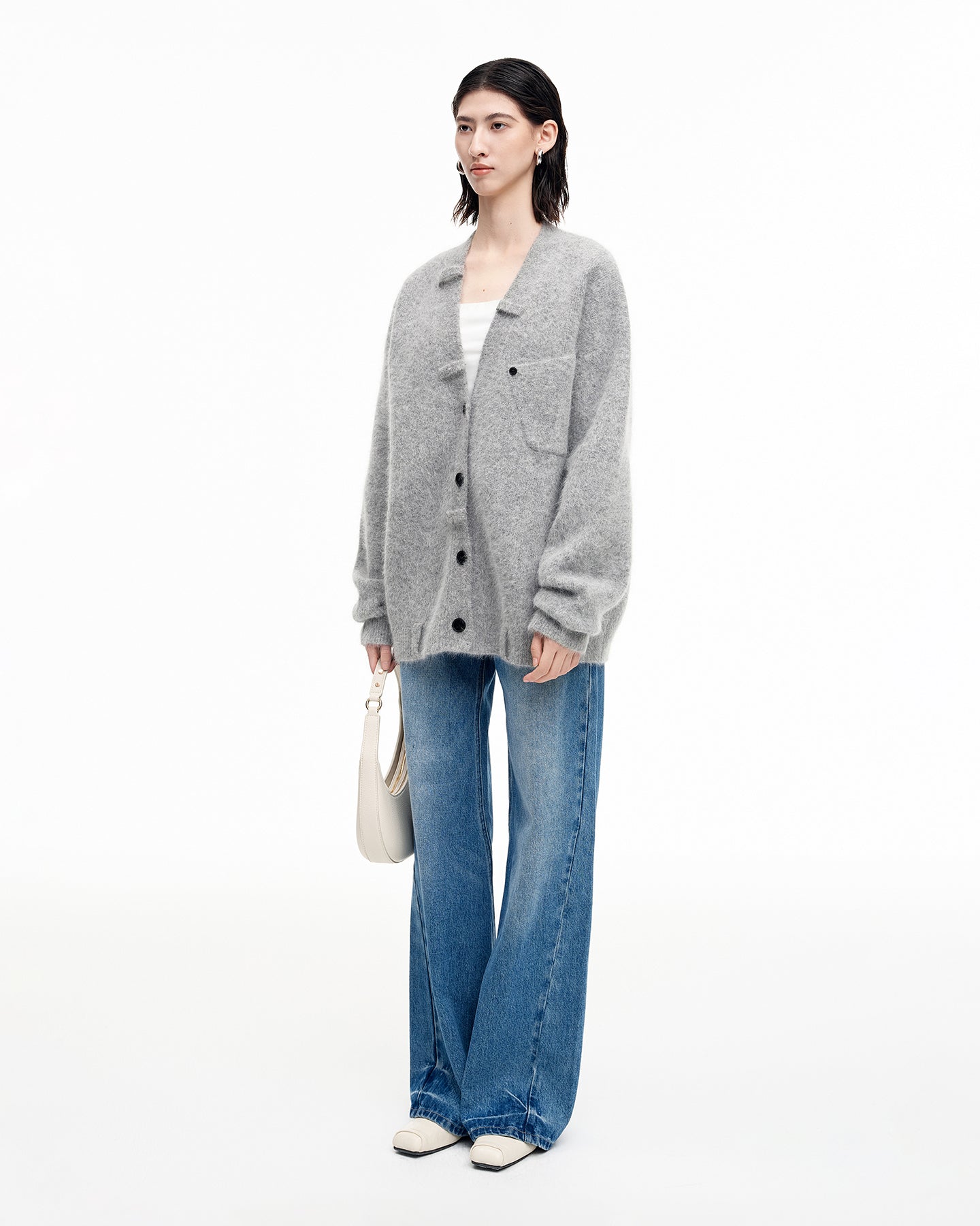 Angora rabbit hair and wool blend gray V-neck knitted cardigan