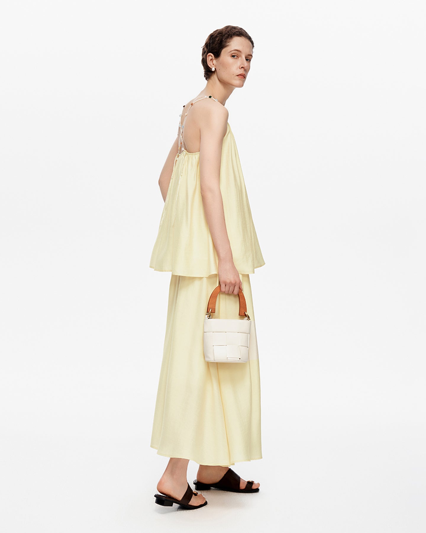 Acetate blend woven vest with colored stones + skirt