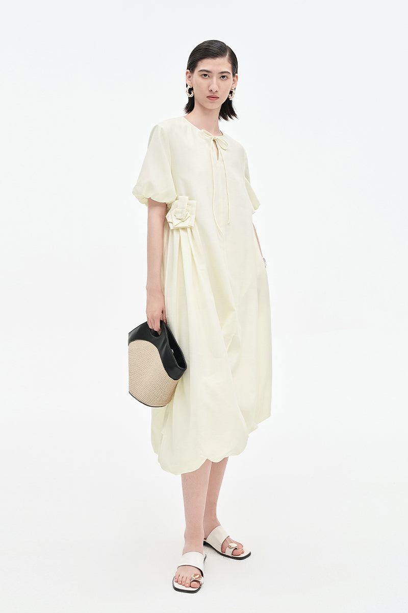 Acetate Blend French Puff Sleeve Ribbon Dress