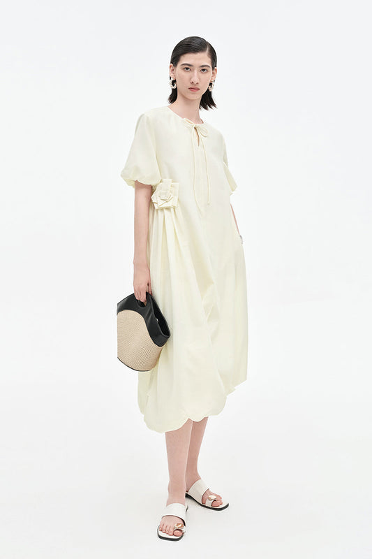 Acetate Blend French Puff Sleeve Ribbon Dress
