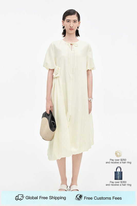 Acetate Blend French Puff Sleeve Ribbon Dress