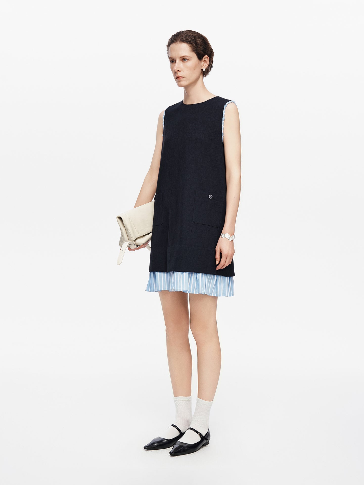 Acetate-Blend Color-Block Striped Patchwork Dress